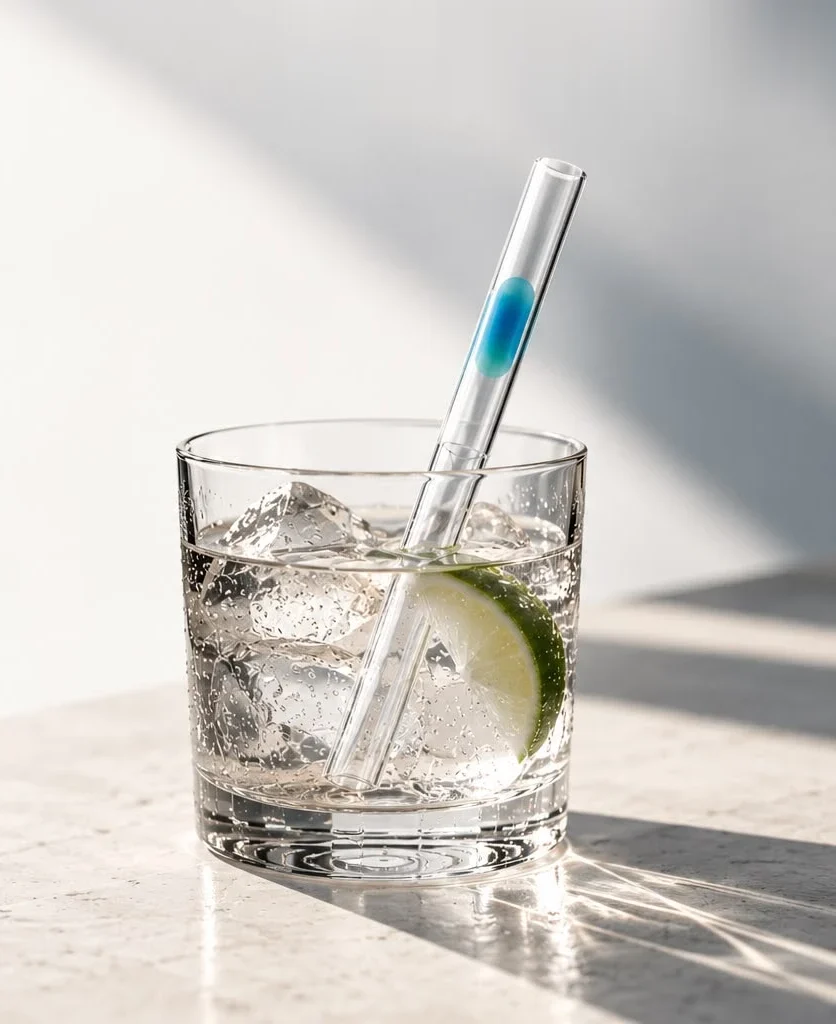 A glass of gin and tonic with ice and lime, holding a clear SIPR straw with a blue indicator window